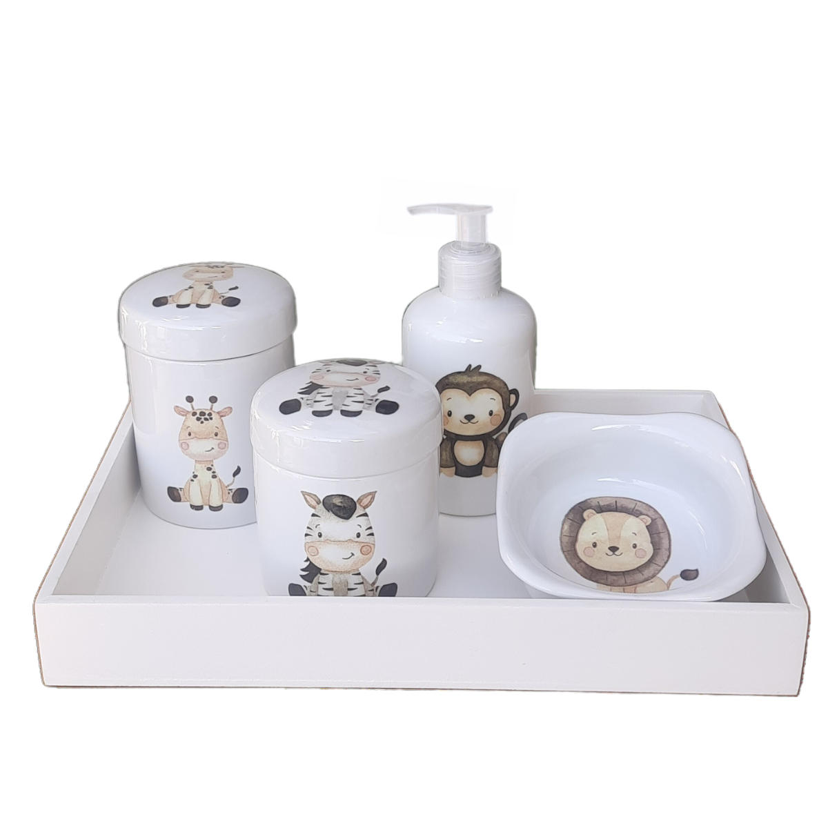 Kit Higiene Bebê Safari 5 Pçs - Porcelana C/tampas Decoradas