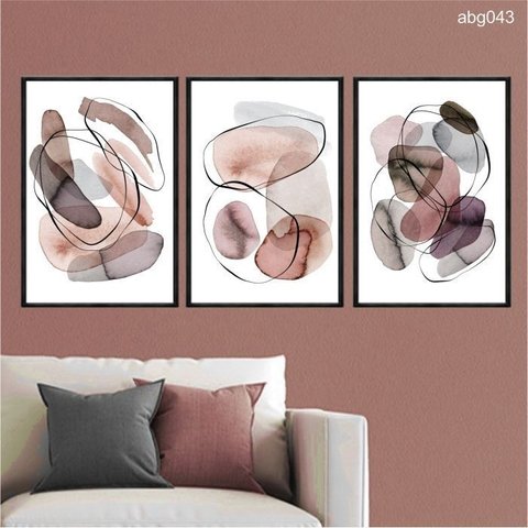 Kit 03 Quadros Decorativos - Arte Aquarela Moderna Marrom Nude Abg043 - Vidro 40x60cm