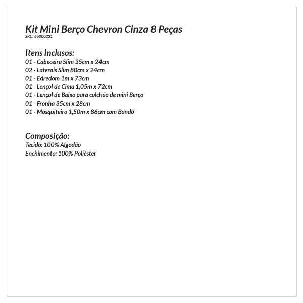 Kit Protetor de Mini Berço Chevron Cinza Estampado 8 Peças 100% Algodão - 5