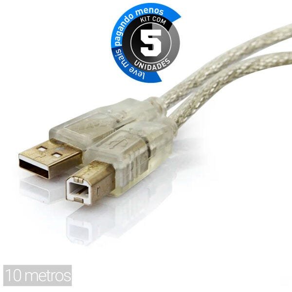 Kit com 5 Cabo USB Impressora A+B - 10 metros - 1