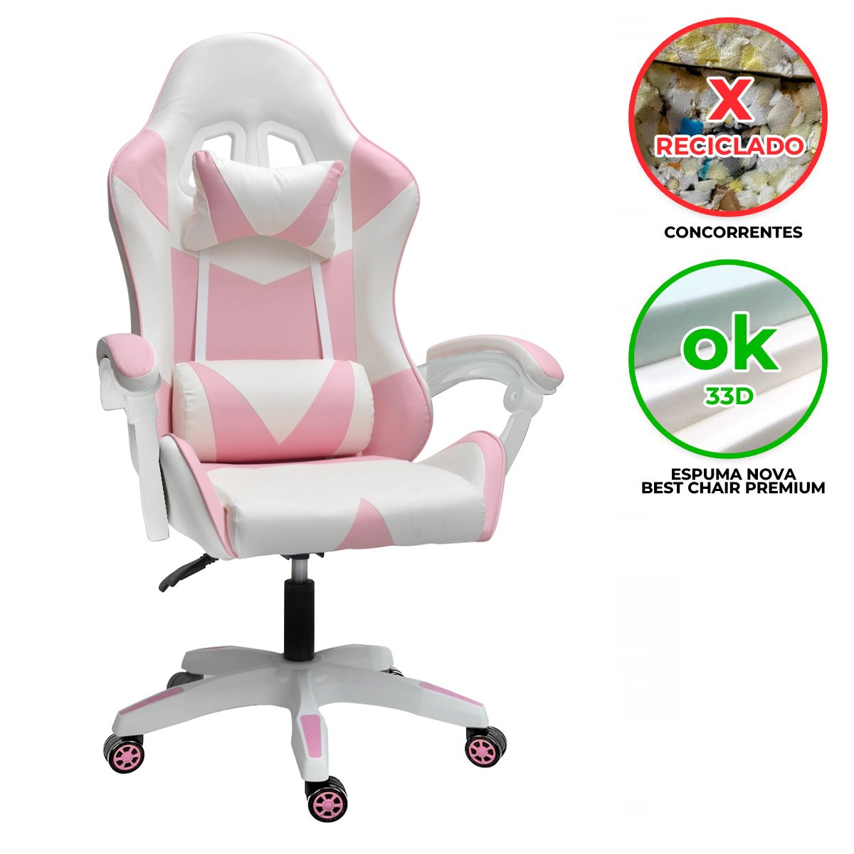 Cadeira Gamer Ergonômica Top para Escritório Rosa e Branco - 2