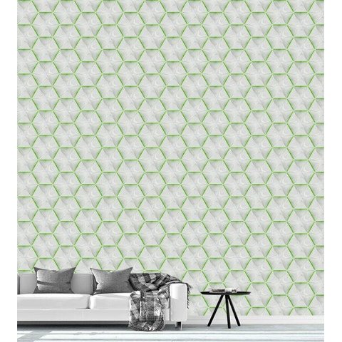 Papel De Parede Para Quarto Sala Efeito 3D Branco Com Detalhe Verde
