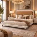 Ver imagem 1 de Conjunto King Cama Cabeceira Sofia Estofada Linho Aveludado Bege/Caramelo