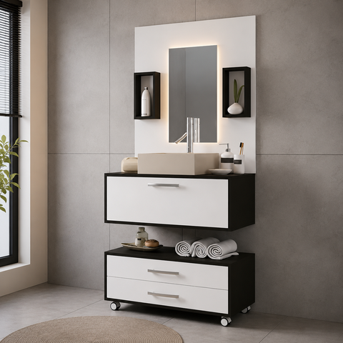 Gabinete para Banheiro Completo 60cm com Cuba Painel e Nicho Class Branco e Preto - Arte Cas