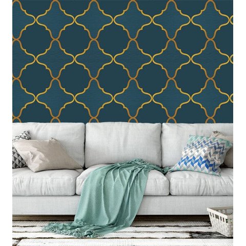 Papel De Parede Para Sala Quarto Tons De Azul Com Bege Amarelo Simulando Dourado
