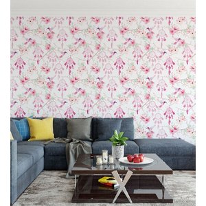 Papel De Parede Para Quarto Sala Branco Com Tons Rosa E Verde Filtro Dos Sonhos Beija Flor