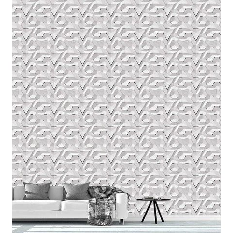 Papel De Parede Para Sala Quarto Com Efeito 3D Branco Detalhes Cinza Preto