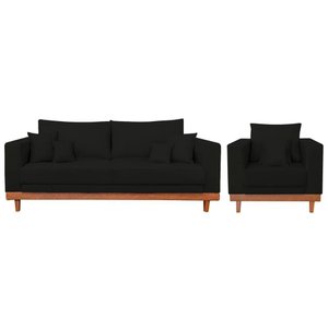 Kit Poltrona Living + Sofá 2 Lugares com Base Madeira Suede Cor:preto