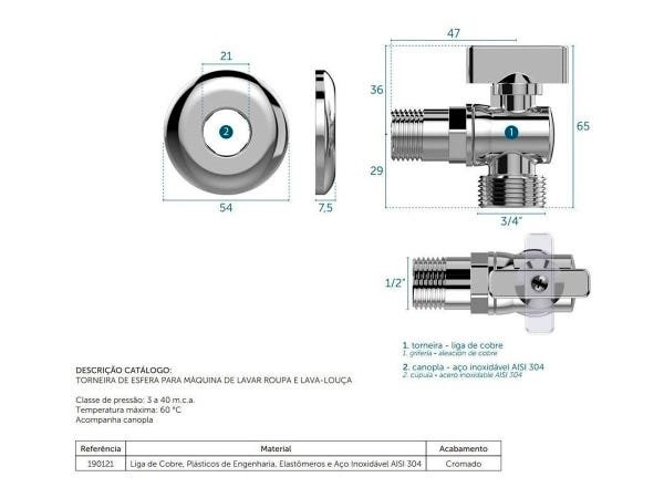 Torneira Registro Esfera Maquina Lavar/Louça - Metal Cromado - 2