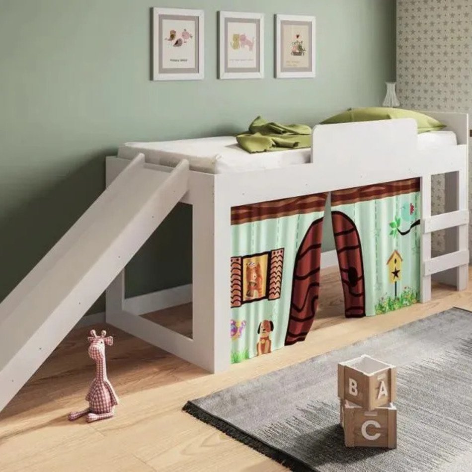 Cama Infantil Com Escorregador E Cortina Diversão Meu Fofinho Art in Móveis Branco