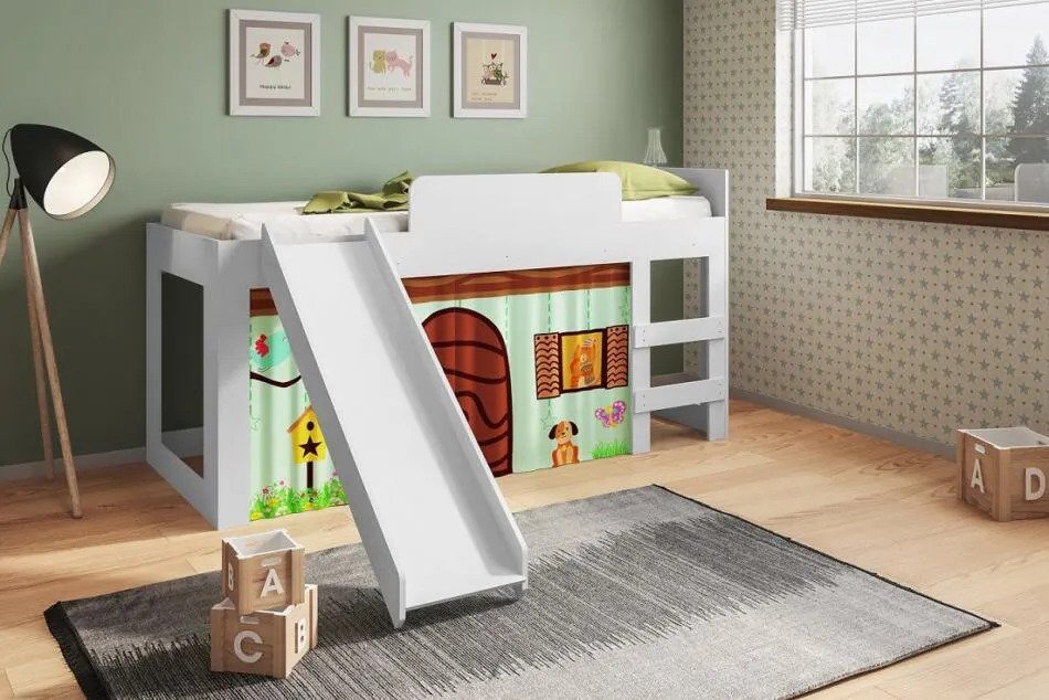 Cama Infantil Com Escorregador E Cortina Diversão Meu Fofinho Art in Móveis Branco - 3