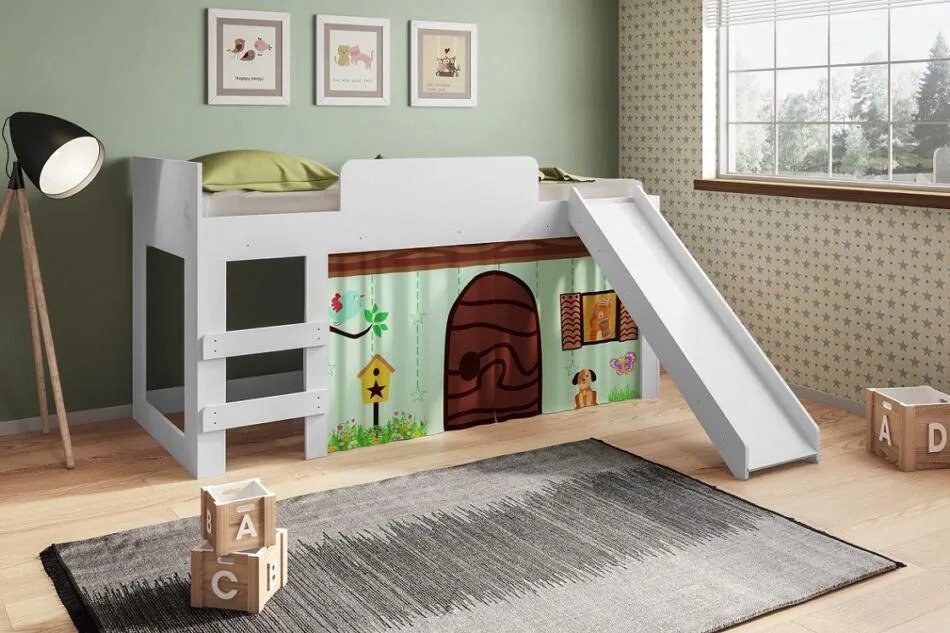 Cama Infantil Com Escorregador E Cortina Diversão Meu Fofinho Art in Móveis Branco - 2