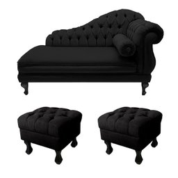 Divã Recamier Namoradeira Larissa 150cm + 2 Puffs Retrô Suede Preto - DL DECOR - 1