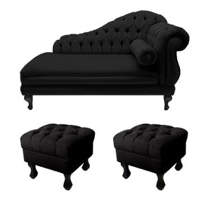 Divã Recamier Namoradeira Larissa 150cm + 2 Puffs Retrô Suede Preto - DL DECOR