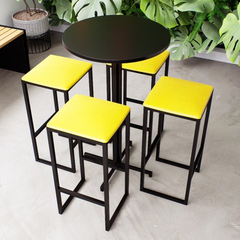 Conjunto Mesa Alta Bar Bistrô Redonda Preta 4 Bancos Estofado Don Castro Decor
