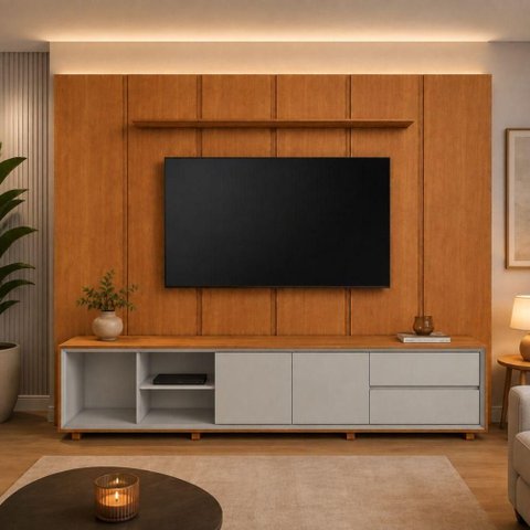 Painel Completo com Rack Celeste 75" 100% MDF com Portas Toque Off White Belaris Móveis