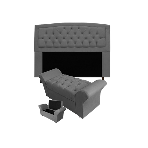 Cabeceira Geovana e Calçadeira Veneza Baú Casal 140cm Suede Cinza - LM DECOR