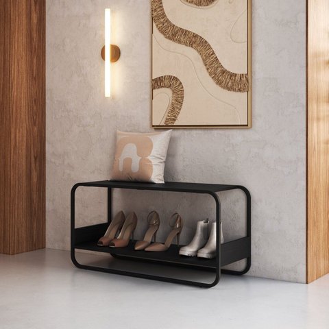 Sapateira com Banco Orgânica Curva 90cm com Pé Metal 100% BP Luna Preto