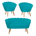 Ver imagem 1 de Combo Pétala Namoradeira e 2 Poltronas Decorativa Estofada Suede Azul Turquesa - LM DECOR