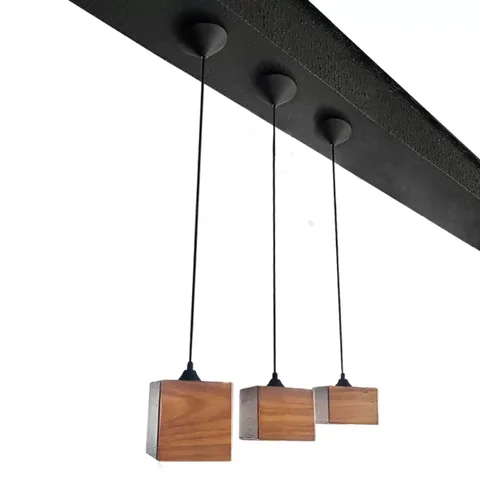 Conjunto 3 Luminárias Minimalista Pendentes Cannes de Teto 14cmx10cm em Cubo Madeira Vintage