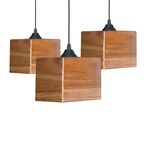 Conjunto com 3 Luminárias Minimalista Cannes de Teto 14cmx12cm Industriais em Cubo Madeira Vintage