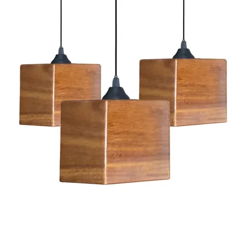 Conjunto 3 Luminárias Minimalista Pendentes Cannes de Teto 14cmx14cm em Cubo Madeira Vintage