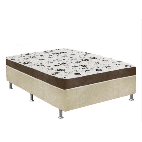 Cama Box Casal Suede Bege + Colchão Casal Suede Marrom Espuma 138x188x55
