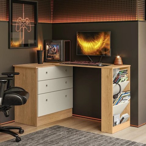 Mesa Escrivaninha Cômoda Giratória Gamer e Estudo Mdp Freijo/off-white