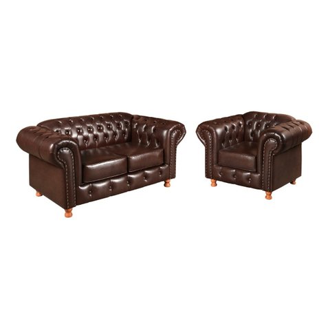 Conjunto Sofá E Poltrona Luís Xv Chesterfield Capitonê Retrô - Couríssimo Marrom Café