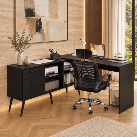 Conjunto Escritório com Mesa em L 3 Gavetas e Cadeira Giratória Multimóveis MCR6115 Preto