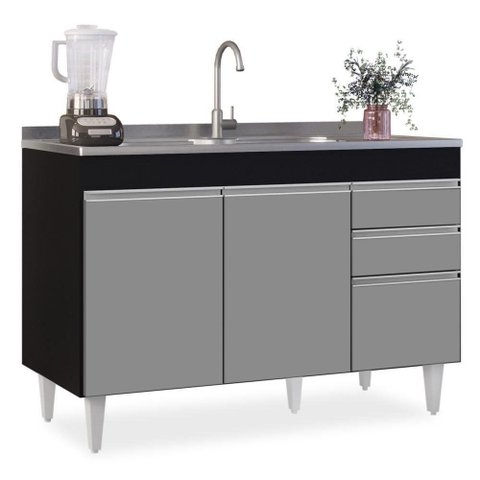 Balcão Gabinete 120cm 3 Portas 2 Gavetas Preto/cinza