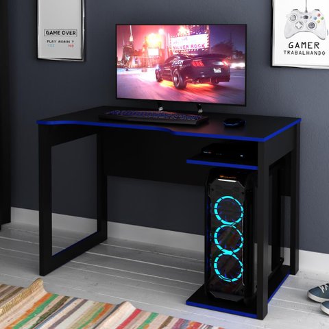 Mesa Gamer com 2 Nichos - Preto/Azul