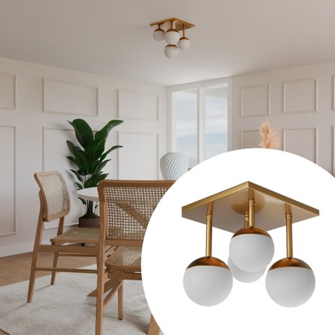 Plafon Sobrepor Luminaria de Teto Quadrado com 4 Globo Vidros Fosco Decoração Iluminação