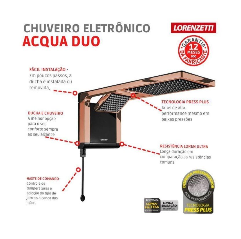 Chuveiro Acqua Duo Ultra 7800W 220V - Lorenzetti Preto/Rose - 7