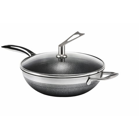 Frigideira Grande Alta Wok em Aço Inox 30cm Antiaderente Cor Inox/preto