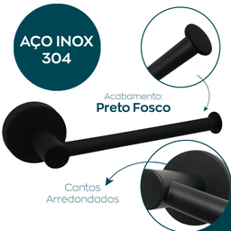 Porta Papel Higiênico Papeleira de Parede Preto Fosco Inox Suporte Papel Banheiro Acessório Lavabo - 3