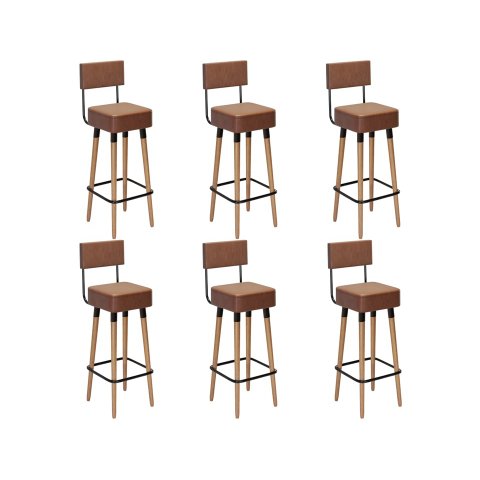 Kit 6 Banquetas Banco Alto Barcelona Couro Café Bar Cozinha Pés Madeira Mz Decor