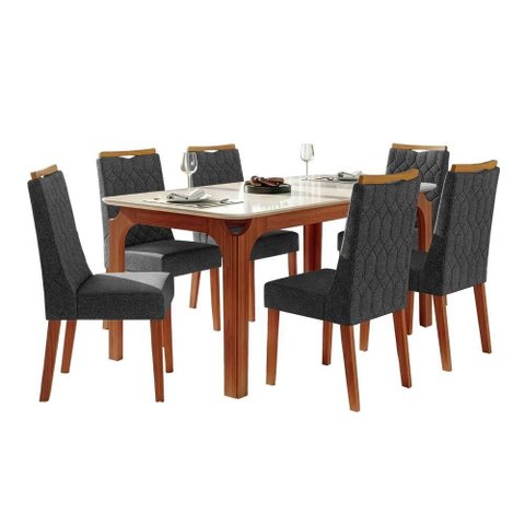 Conjunto Sala de Jantar Mesa Tampo em Vidro 1,60m 6 Cadeiras Bel Madeirado - Cinza