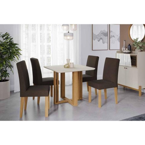 Sala de Jantar Completa Flora Tampo Madeirado C/ Vidro 95x95cm e 4 Cadeiras Maia Cinamomo/off White