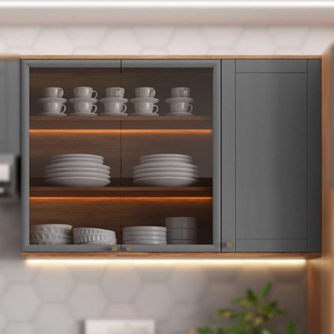 Armário Aéreo Bella com Portas de Vidro e Nog/cinza 120cm Carraro