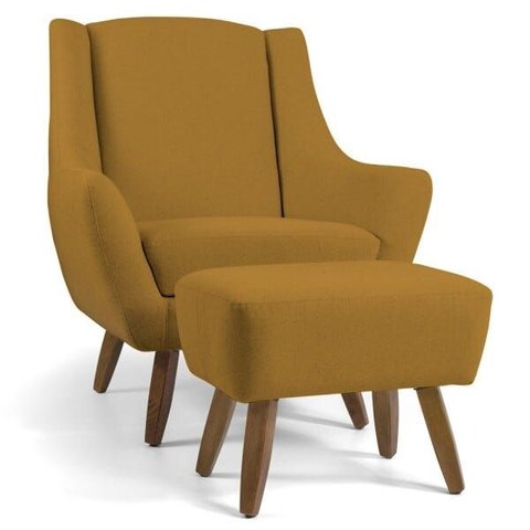 Poltrona Decorativa Fixa com Puff Pés de Madeira Juliet D02 Veludo Mostarda Escuro C-260 - Lyam