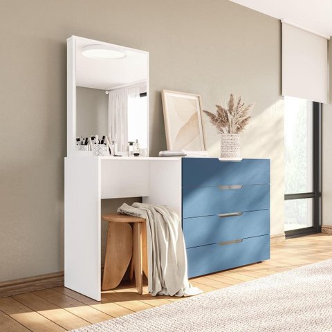 Cômoda Penteadeira Madri 4 Gavetas c/ Espelho 149x160cm Azul/Branco 250806