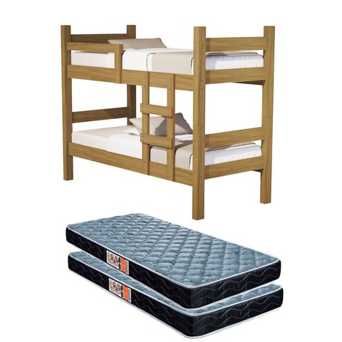 Beliche Solteiro Leticia Nature de Mdf para Quarto com 2 Colchões 188x88 Incluso