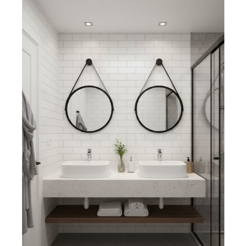 Kit 2 Espelhos Redondo Adnet Alça 60cm Suporte Premium Luxo - Preto Alça Preta