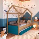 Ver imagem 1 de Cama Montessoriana Infantil Estilo Casinha com Cama Auxiliar Cor:aveiro Oak com Azul Secreto