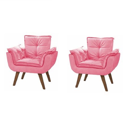 Kit 2 Poltronas Decorativas Lidi Suede Rosa Pés Palito Caramelo para Sala de Estar Luxo - Bela Decor