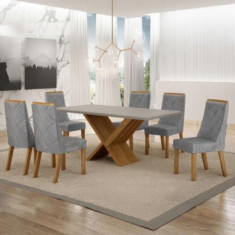 Mesa de Jantar Aurora 180x90cm Vidro 25 mm Cinamomo Off White com Kit 6 Cadeiras Linho Prata - Valde