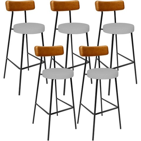 Kit 05 Banquetas Alta Cozinha Sala Jantar Aço Milão L02 Couríssimo Whisky Linho Cinza - Lyam Decor