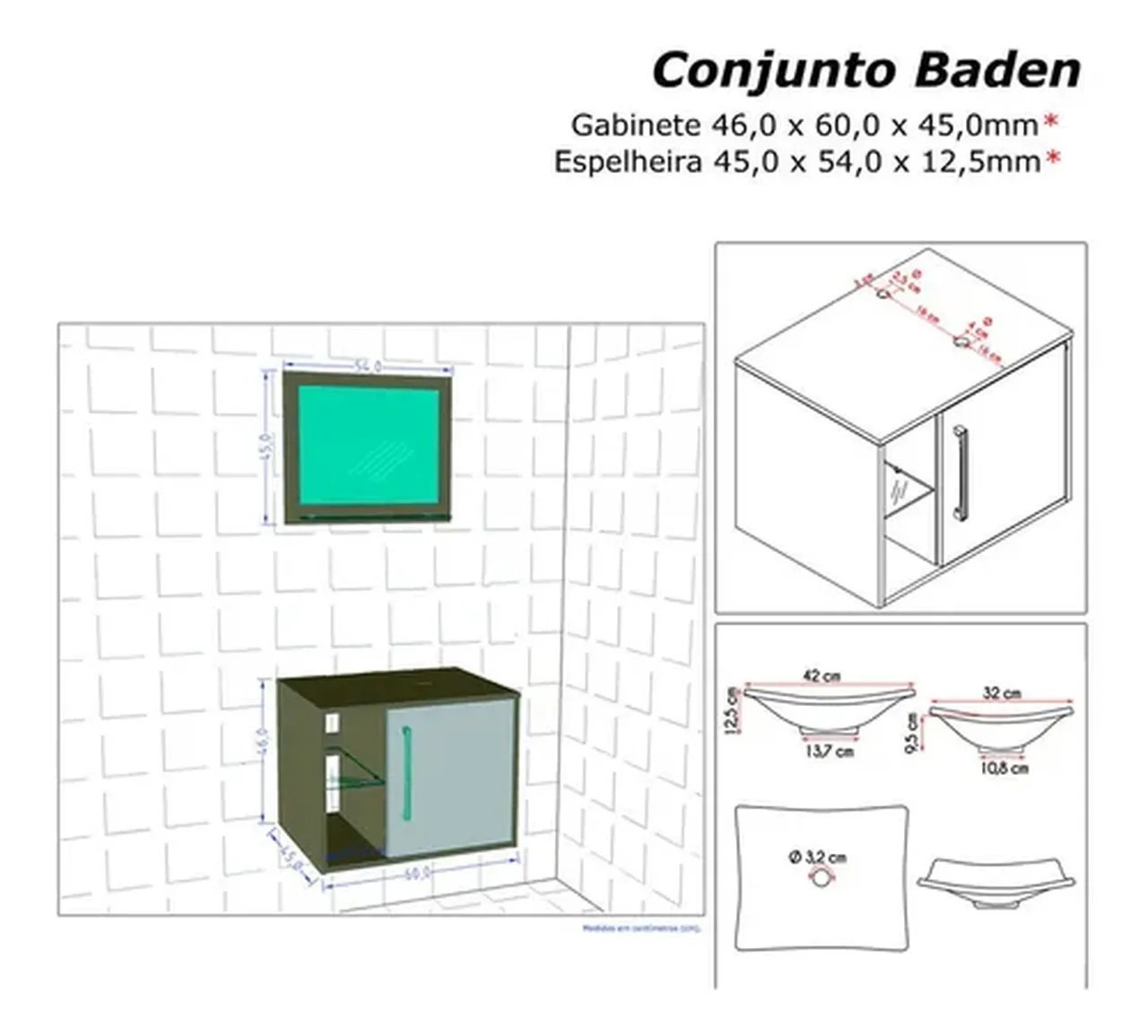 Gabinete Armário Banheiro Completo Cuba + Espelheira Baden Varias Cores - Móveis Bechara MÓVEIS BECH - 5