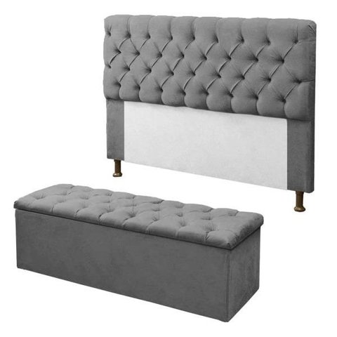 Cabeceira Mais Calçadeira Baú 0,90cm Recamier Divã para Cama Box Sofia Suede Cinza